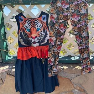Boutique Tiger Print Navy Dress with Red Ruffle and Matching Pants